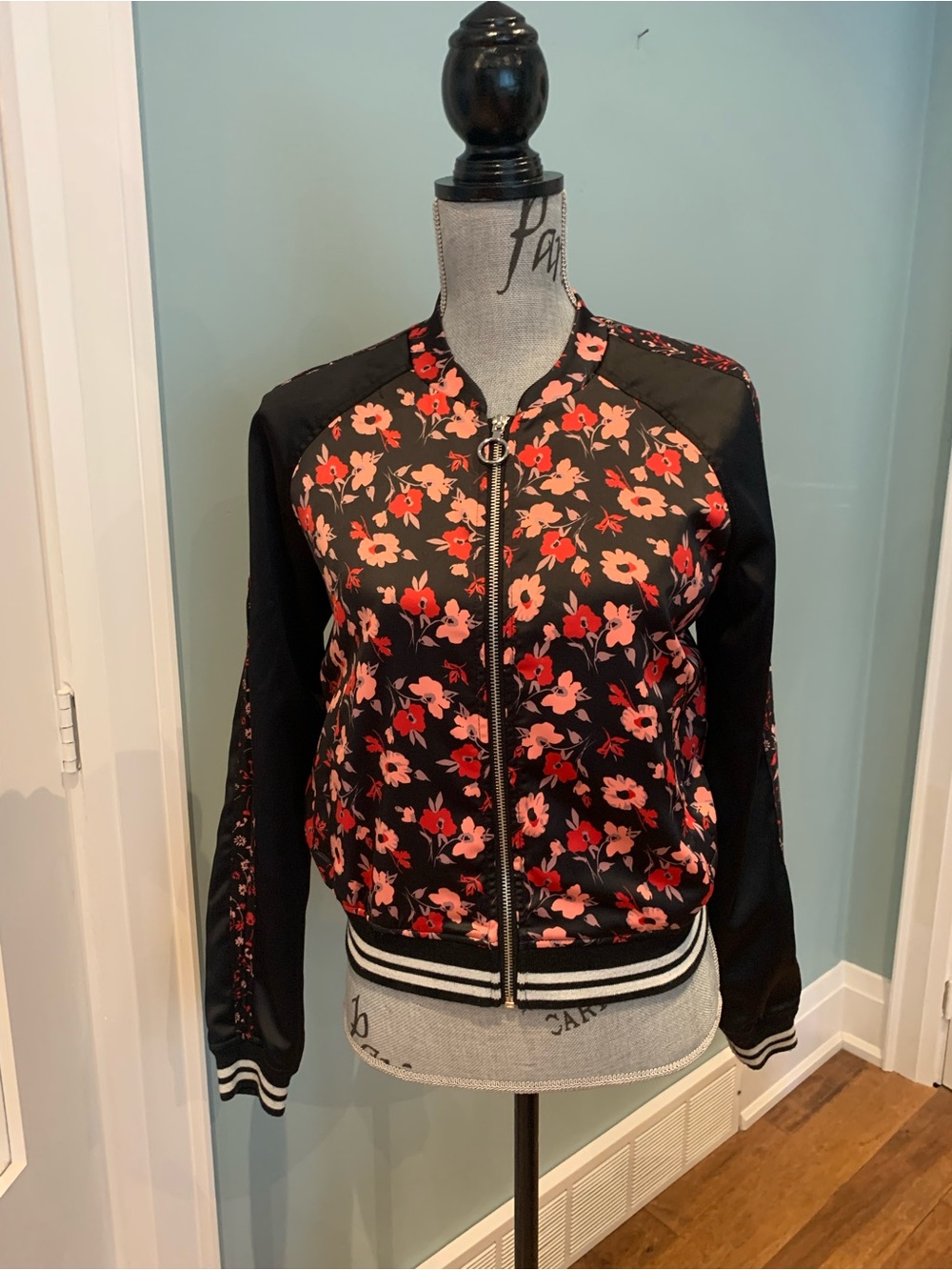 Express Black Bomber Jacket with Red and Pink Floral Print